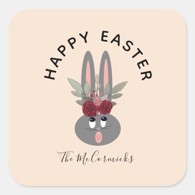 Sticker Carré Joyeux Lapin Floral de Pâques Personnalisé (Devant)