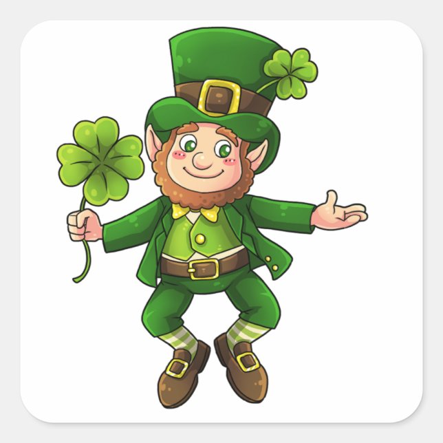 Sticker Carré Joyeux Leprechaun et Shamrock (Devant)