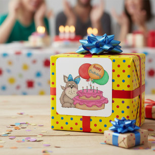Sticker Carré Joyeux Marionnette mignonne avec ballons et gâteau