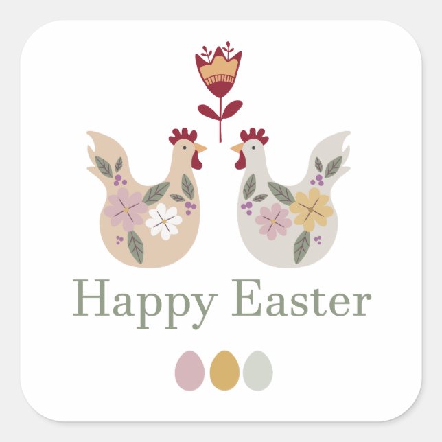 Sticker Carré Joyeux modèles de Pâques avec oeufs, fleurs, poule (Devant)