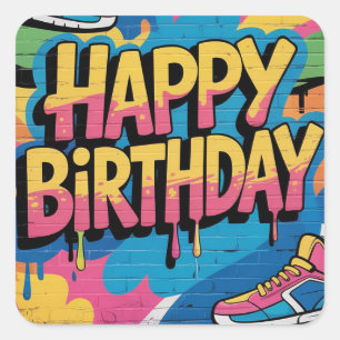 Sticker Carré Joyeux mur de graffitis d'anniversaire avec Basket