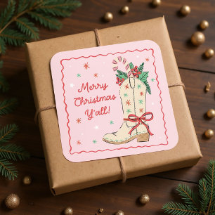 Sticker Carré Joyeux Noël à tous Cowboy Boot de campagne