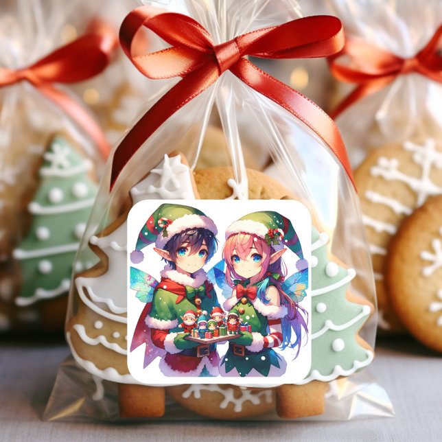 Sticker Carré Joyeux Noël Anime Elves Vacances (Créateur téléchargé)
