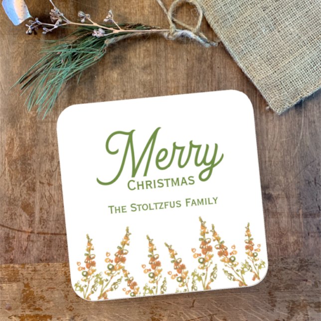 Sticker Carré Joyeux Noël Aquarelle Botanique Nom personnalisé (Add your name and customize these original watercolor painted green tan dried flower holiday sticker)