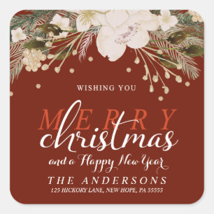 Sticker Carré Joyeux Noël Aquarelle Fleurs Retourner l'adresse