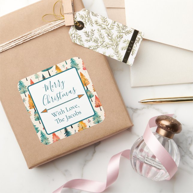 Sticker Carré Joyeux Noël | Aquarelle Pine Arbres Noël (Cadeaux)