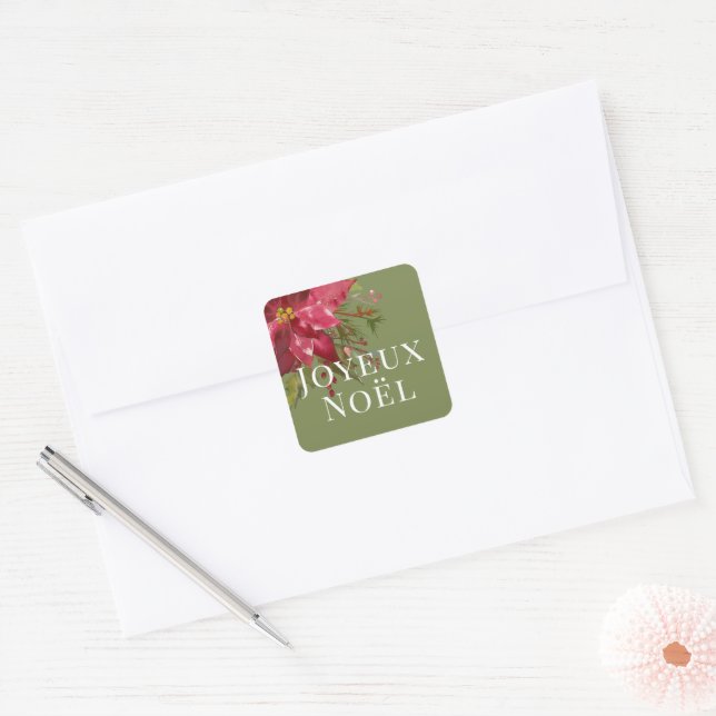 Sticker Carré Joyeux Noël Aquarelle Poinsettia Noël (Enveloppe)