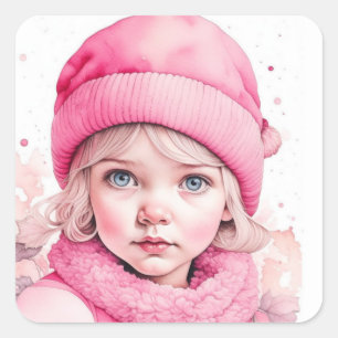 Sticker Carré Joyeux Noël   Aquarelle Vintage rose elfe