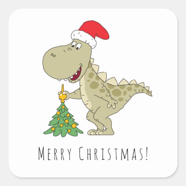 Sticker Carré Joyeux Noël Arbre mignonne Dinosaure Santa Hat (Devant)