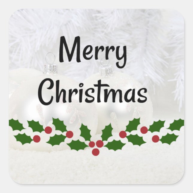 Sticker Carré Joyeux Noël, arrière - plan de baubles blancs, (Devant)
