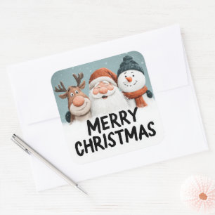 Sticker Carré Joyeux Noël avec un Père Noël, un renne et un bonh