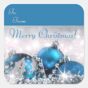 Sticker Carré Joyeux Noël Bleu Et Argent