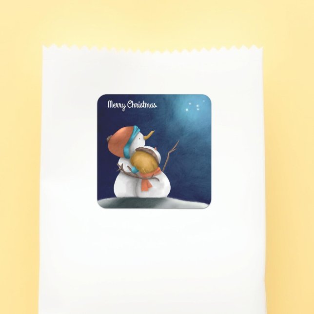 Sticker Carré Joyeux Noël bleu nuit Snowmen étreinte (Créateur téléchargé)