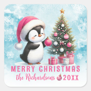 Sticker Carré Joyeux Noël bleu rose mignon pingouin personnalisé