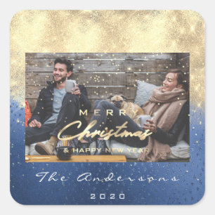 Sticker Carré Joyeux Noël Bonne année Stars Blue Gold Photo