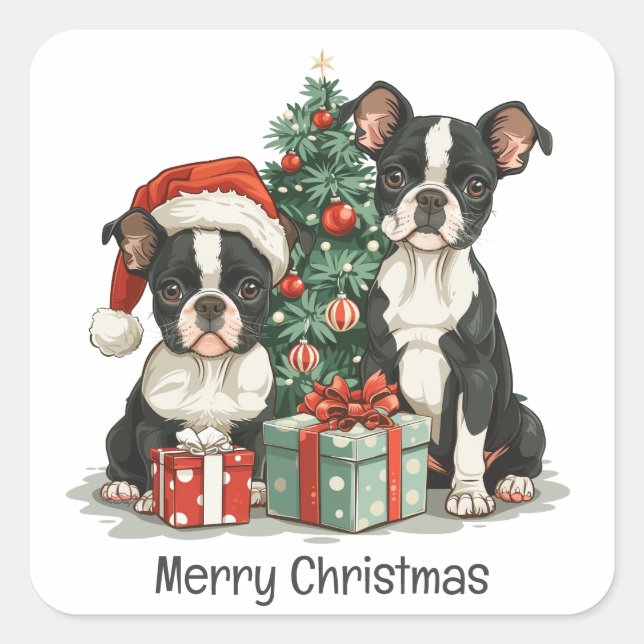 Sticker Carré Joyeux Noël Boston Terrier Chiens (Devant)