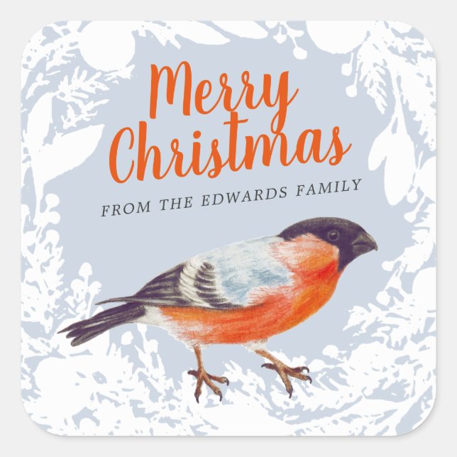 Sticker Carré Joyeux Noël Bullfiny Bird Snowy Wreath hiver (Devant)