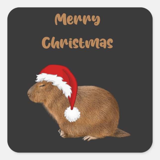 Sticker Carré Joyeux Noël Capybara ; Capybara de Santa Hat (Devant)