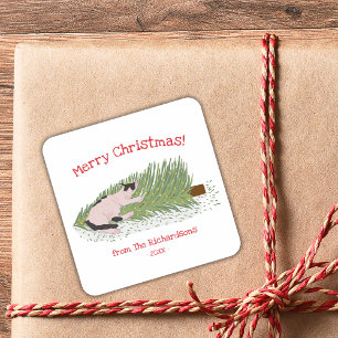 Sticker Carré Joyeux Noël ! Chats contre Sapins de Noël des Fête