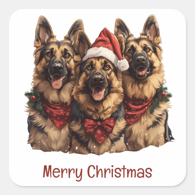 Sticker Carré Joyeux Noël Chiens bergers allemands (Devant)
