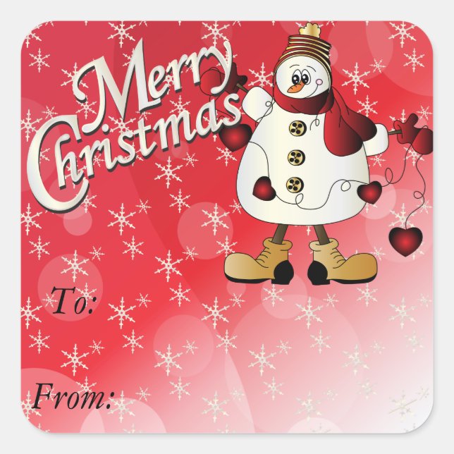 Sticker Carré Joyeux Noël Coeur Rouge Snowman (Devant)