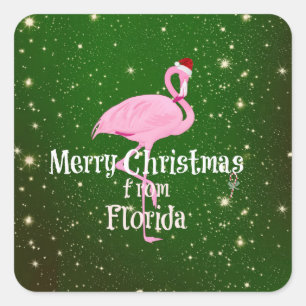 Sticker Carré Joyeux Noël de Floride, Père Noël Flamant rose