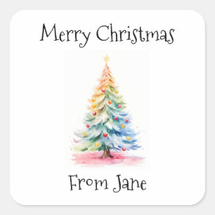 Sticker Carré Joyeux Noël de Rainbow Watercolor Tree