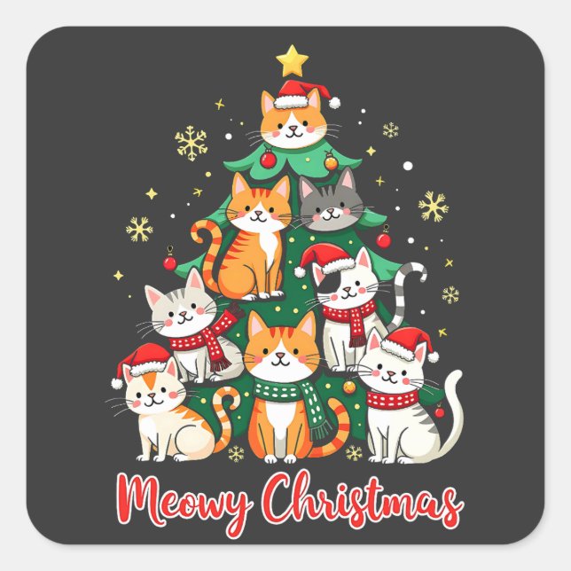 Sticker Carré Joyeux Noël Drôle Catmas Kitten Xmas Tree (Devant)