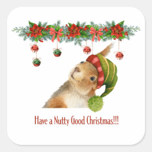 Sticker Carré Joyeux Noël Écureuil Fête Nutty
