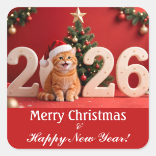 Sticker Carré Joyeux Noël et Bonne Année, Chat Père Noël Rouge