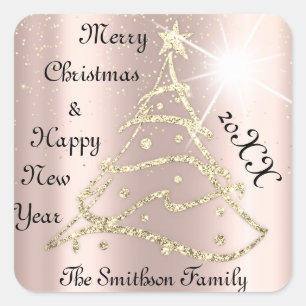 Sticker Carré Joyeux Noël et Joyeux Nouvel An Arbre Rose Partie