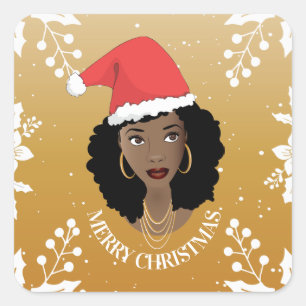 Sticker Carré Joyeux Noël, Femme noire, Père Noël rouge, Jaune