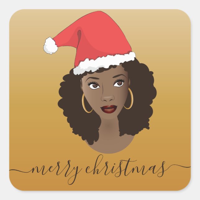 Sticker Carré Joyeux Noël, Femme noire, Santa Hat, Jaune (Devant)