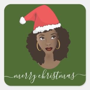 Sticker Carré Joyeux Noël, Femme noire, Santa Hat, Vert