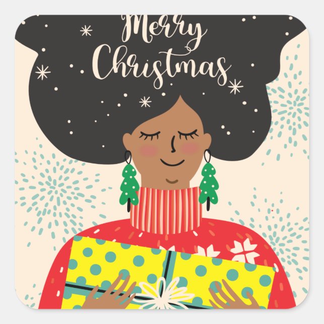 Sticker Carré Joyeux Noël, Femme noire, Sweat brillant Cadeau (Devant)