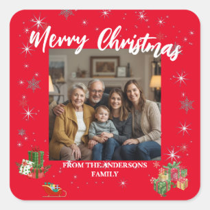 Sticker Carré Joyeux Noël Flocon de Neige Photo Personnel Famill