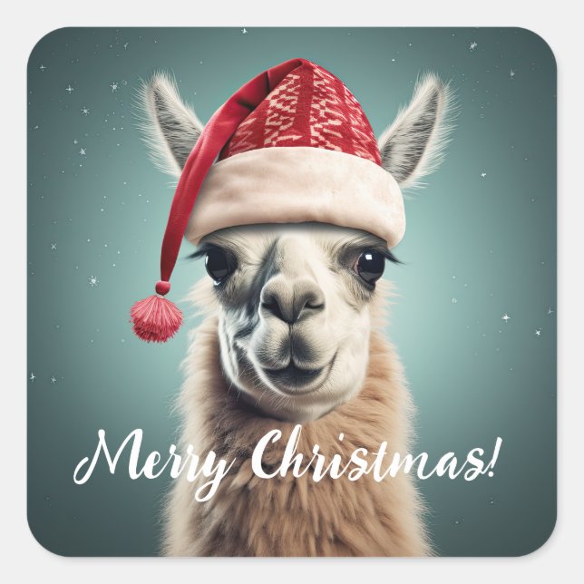 Sticker Carré Joyeux Noël Funky Mignonne Lllama Alpaca Santa Hat (Devant)