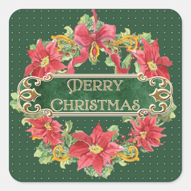 Sticker Carré Joyeux Noël Gold Swirl Poinsettia Wreath Jewel (Devant)