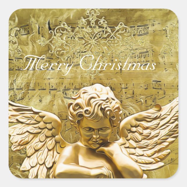 Sticker Carré Joyeux Noël Golden Angel Notes musicales (Devant)