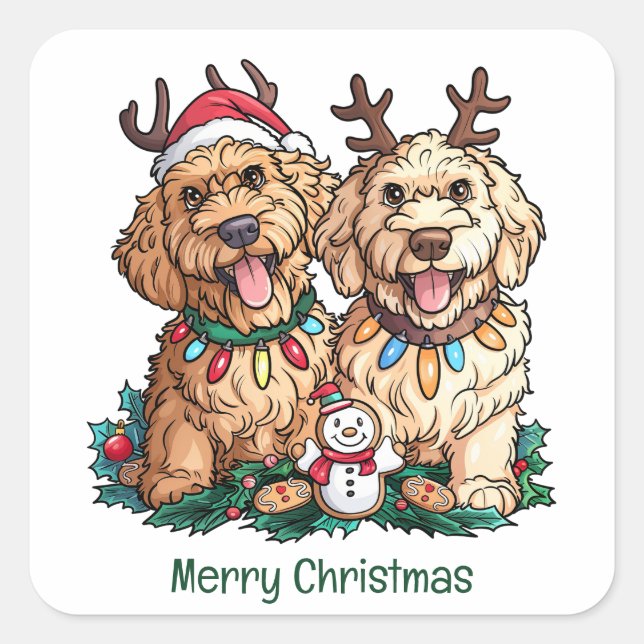 Sticker Carré Joyeux Noël Goldendoodle Chiens (Devant)