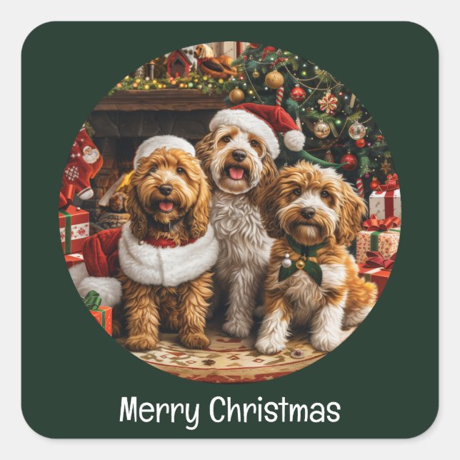 Sticker Carré Joyeux Noël Goldendoodle Chiens de chiot (Devant)
