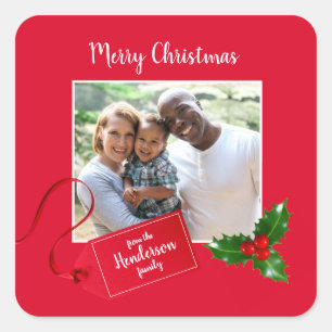 Sticker Carré Joyeux Noël Holly Sprig - Photo personnalisée -