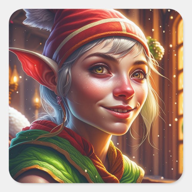 Sticker Carré Joyeux Noël Joli Elf (Devant)