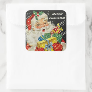 Sticker Carré Joyeux Noël Jolly Santa Claus avec cadeaux grands