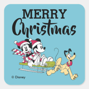 Sticker Carré Joyeux Noël Mickey Mouse Luge d'Hiver