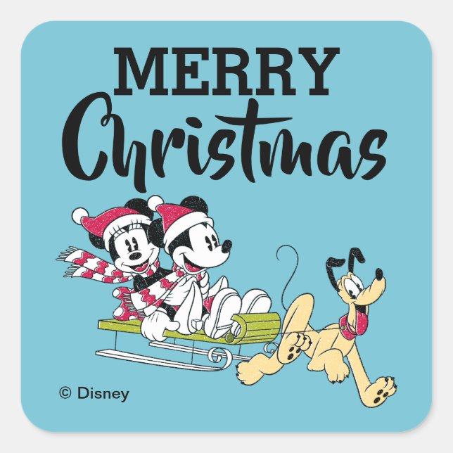 Sticker Carré Joyeux Noël | Mickey Souris - Motoneige d'hiver (Devant)