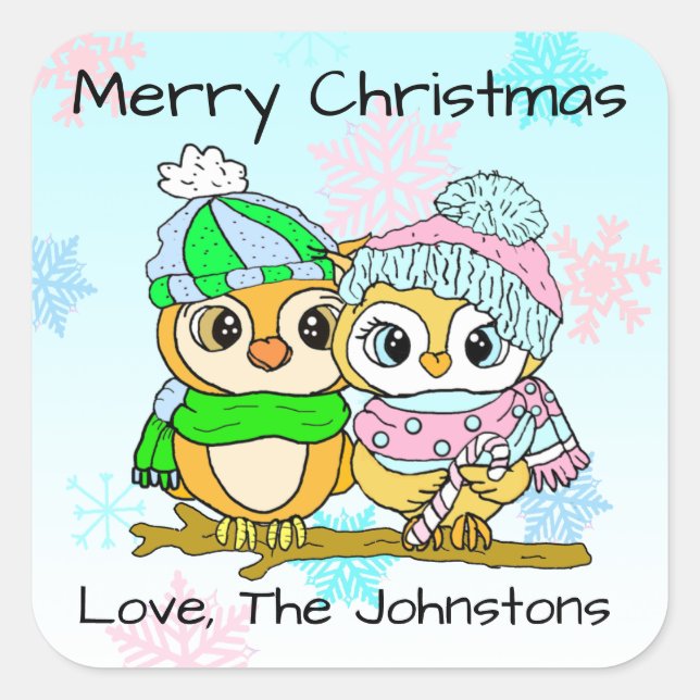 Sticker Carré Joyeux Noël mignonne Chouette Couple Noël (Devant)