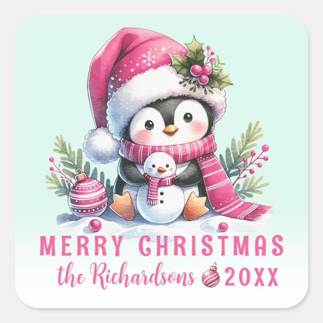 Sticker Carré Joyeux Noël mignonne pinte et rose personnalisé (Devant)