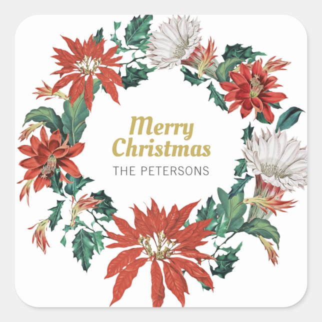 Sticker Carré Joyeux Noël Nom Floral Poinsettia Wreath (Devant)