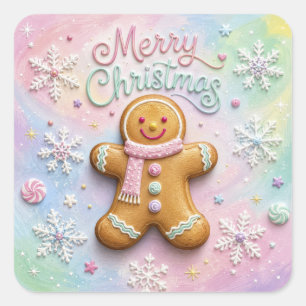 Sticker Carré Joyeux Noël Pâtisserie Gingerbread Flocons de Neig